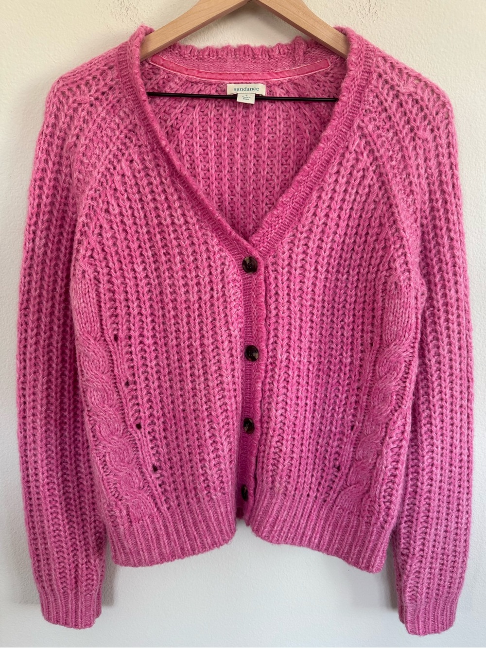 Sundance Pink Chunky Cable Knit Wool Blend Cardigan Sweater Small
